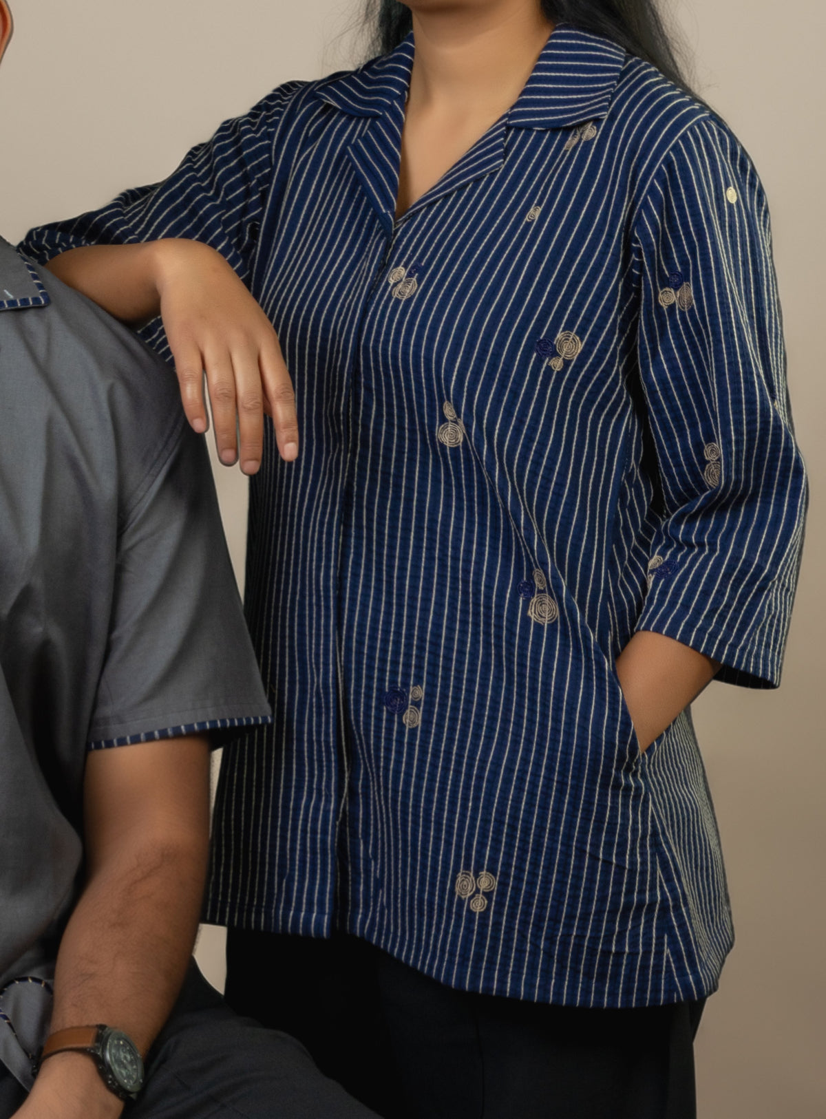 Blue Embroidered Women's Long Shirt