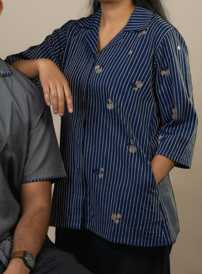 Blue Embroidered Women's Long Shirt